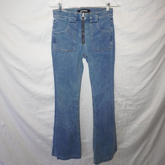 Express Denim - Express Bell Slim Flare High Rise Silver Ring Zip Denim Stretch Jeans 8R Retro